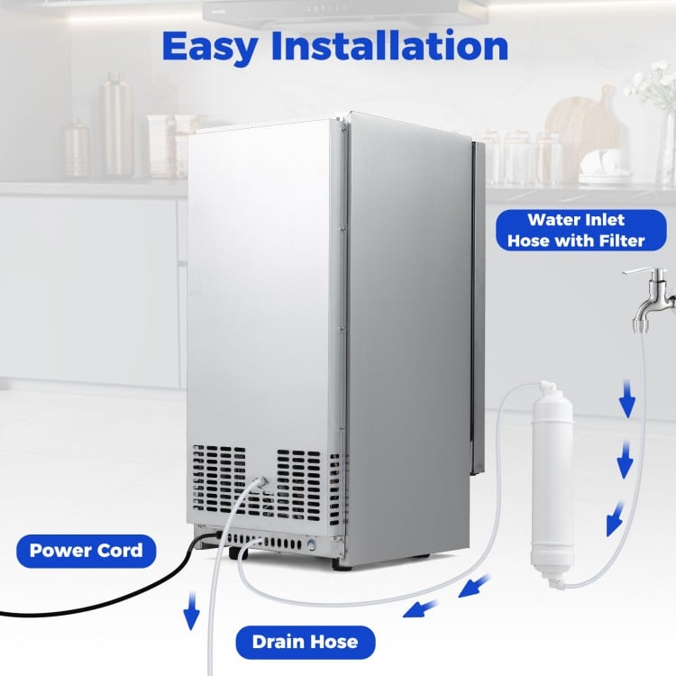 Commercial ice maker with water inlet hose and drain hose, featuring easy installation for home bar or cafe use.