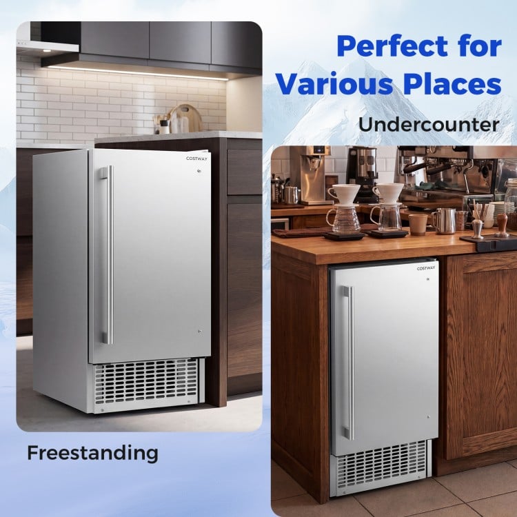 Commercial ice maker with stainless steel housing, 25 lbs storage capacity, ideal for home bars and cafes.