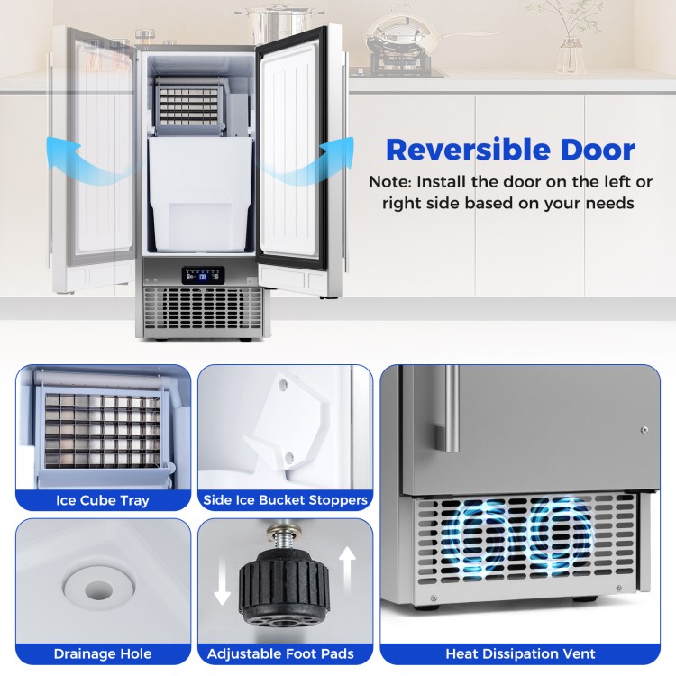 Commercial ice maker with reversible door, 25 lbs capacity, adjustable ice thickness, and user-friendly control panel.