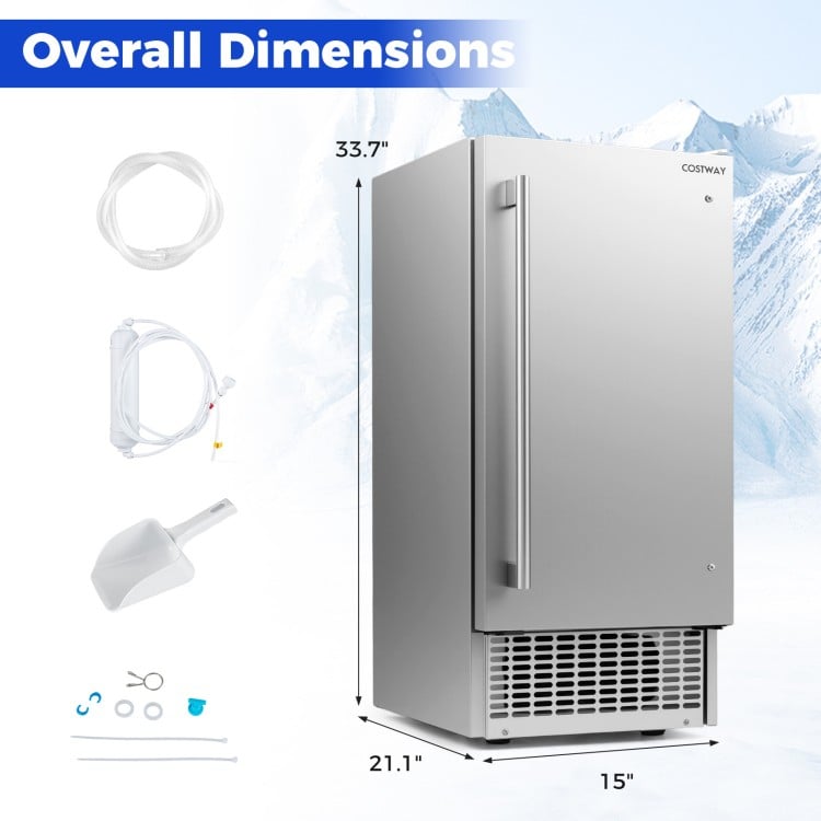 Commercial ice maker with stainless steel housing, 25 lbs storage capacity, and overall dimensions for home bar or cafe.