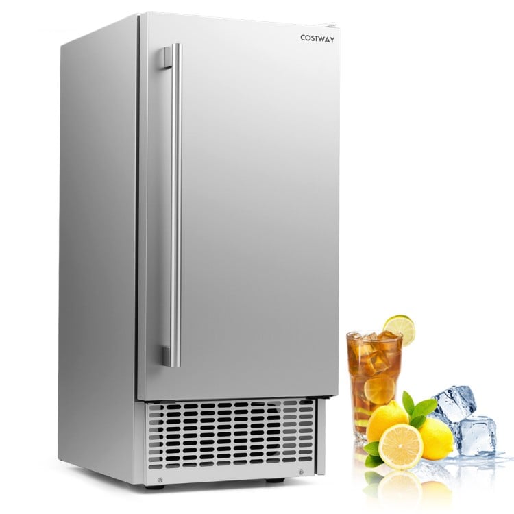 Commercial under counter ice maker with stainless steel finish, 90 lbs/day output, ideal for kitchens and bars.