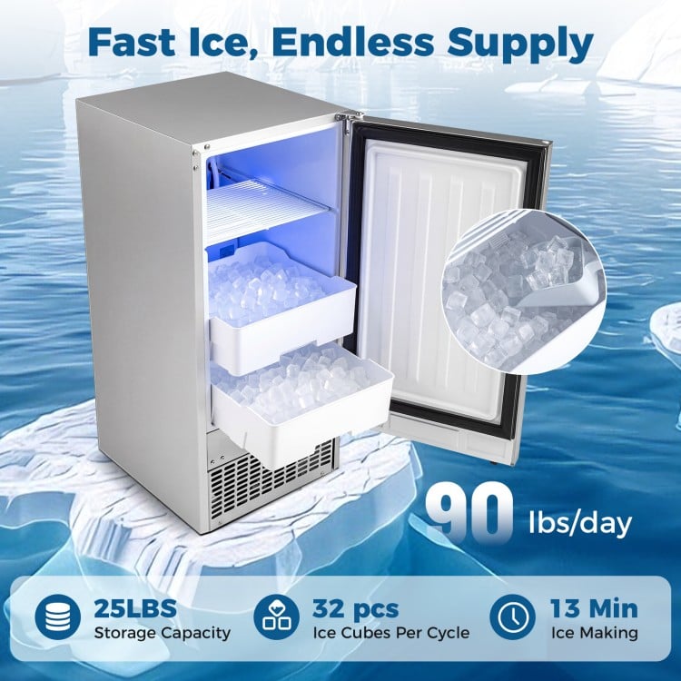Commercial under counter ice maker with stainless steel housing, 90 lbs/day output, and adjustable ice thickness for.