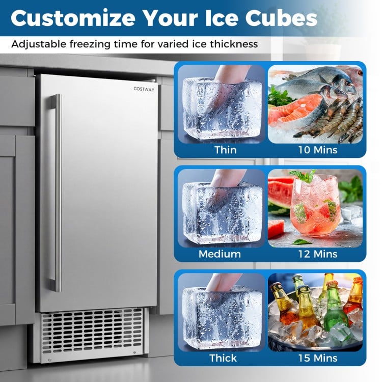 Commercial under counter ice maker with adjustable freezing for thin, medium, and thick ice cubes, ideal for busy.