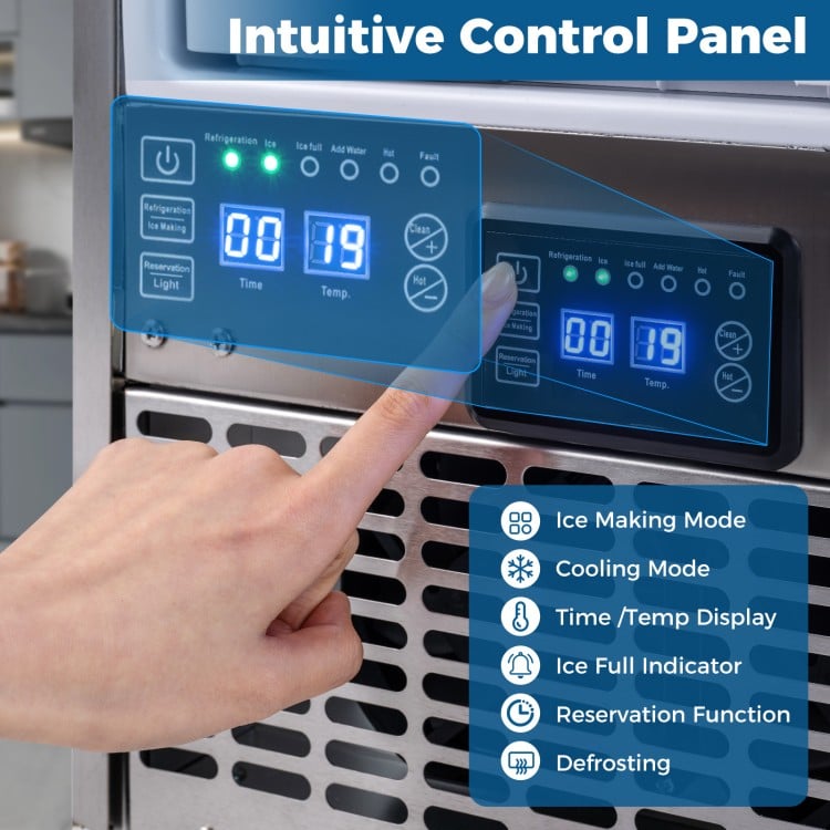 Intuitive control panel of the commercial under counter ice maker with ice making mode and temperature display.