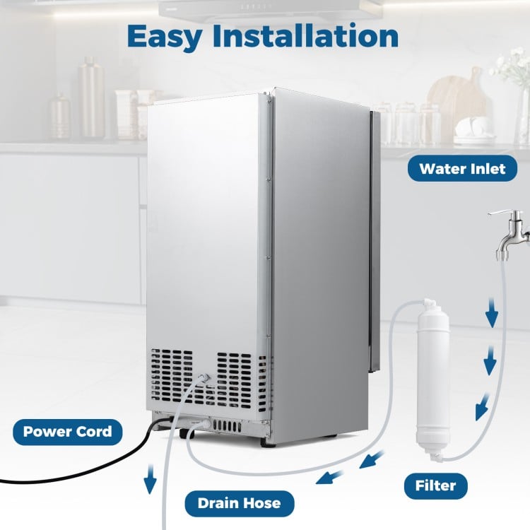Commercial under counter ice maker with water inlet, drain hose, and filter for easy installation in kitchens or bars.
