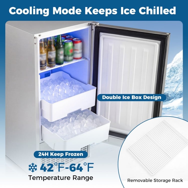 Commercial under counter ice maker with double ice box design, producing 90 lbs/day, ideal for busy gatherings.