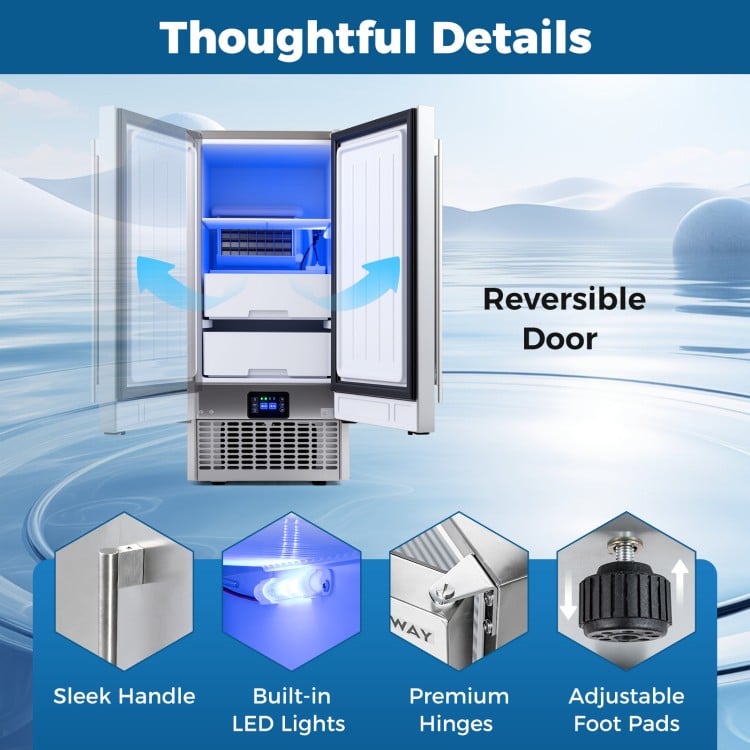 Commercial under counter ice maker with reversible door, built-in LED lights, and adjustable foot pads for versatile.