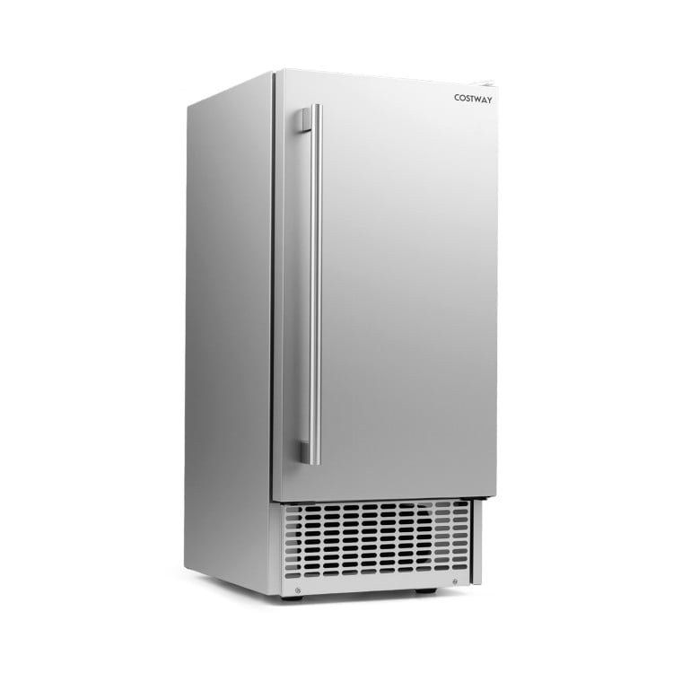 Commercial under counter ice maker with stainless steel housing, 90 lbs/day output, and adjustable ice thickness.