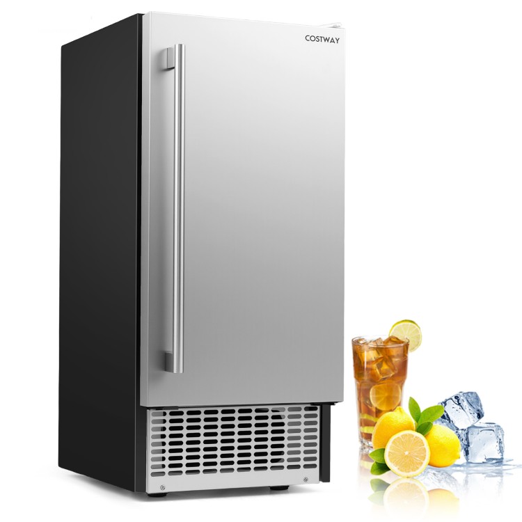 Commercial under counter ice maker with stainless steel finish, 90 lbs/day output, ideal for kitchens and bars.