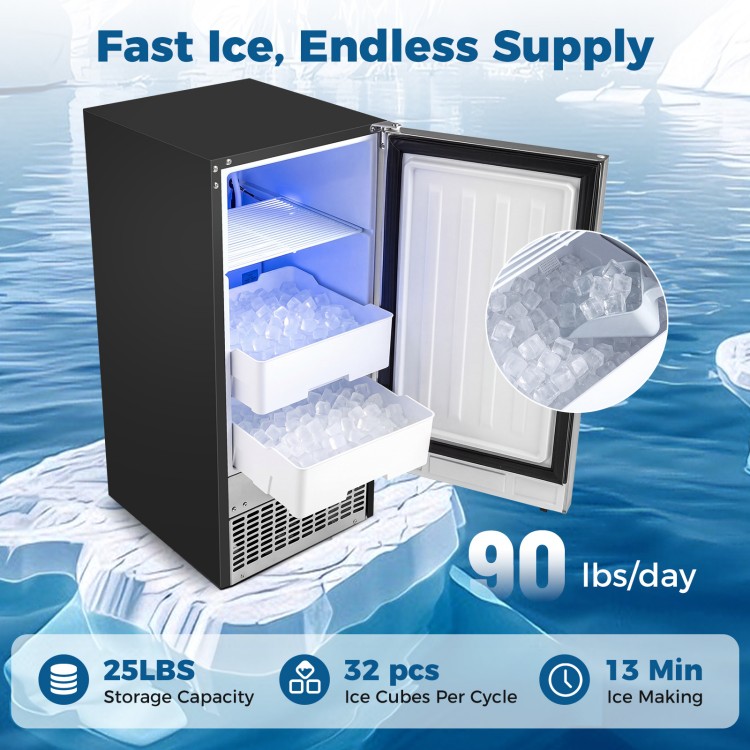 Commercial under counter ice maker with dual bins, 90 lbs/day output, and adjustable ice thickness for versatile use.