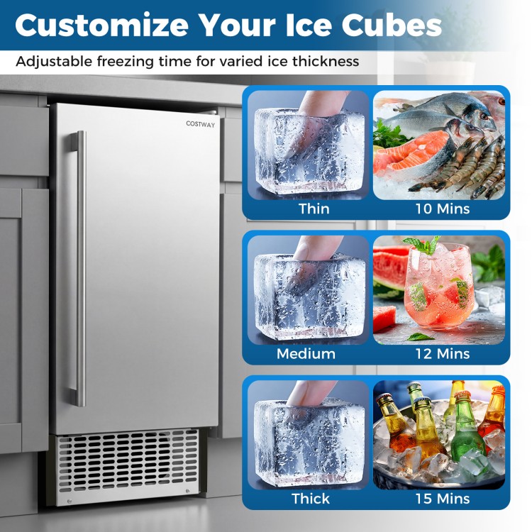 Commercial under counter ice maker with adjustable ice thickness, 90 lbs/day output, ideal for busy kitchens and bars.