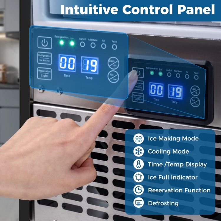 Intuitive control panel of the commercial under counter ice maker with temperature display and ice full indicator.