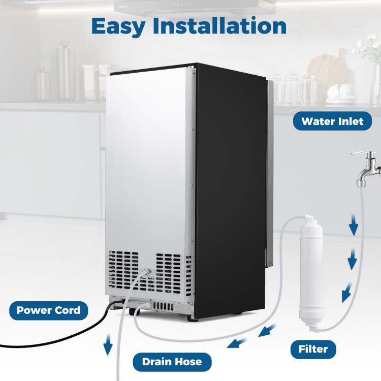 Commercial under counter ice maker with easy installation features, including water inlet, drain hose, and filter.