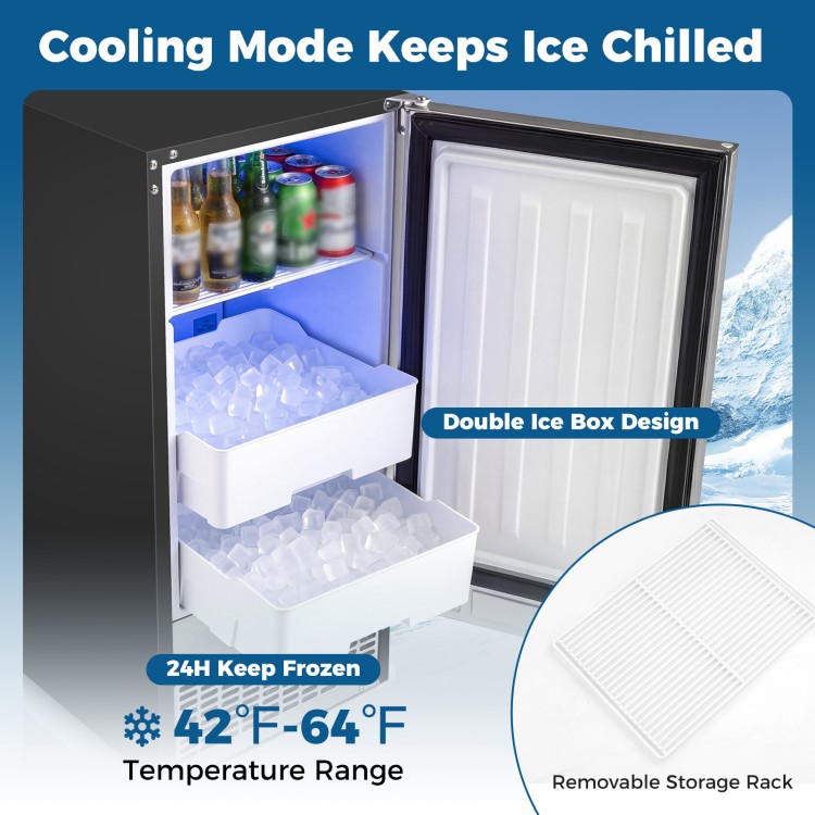 Cooling mode of the commercial under counter ice maker ensures ice stays chilled, with a temperature range of 42°F-64°F.