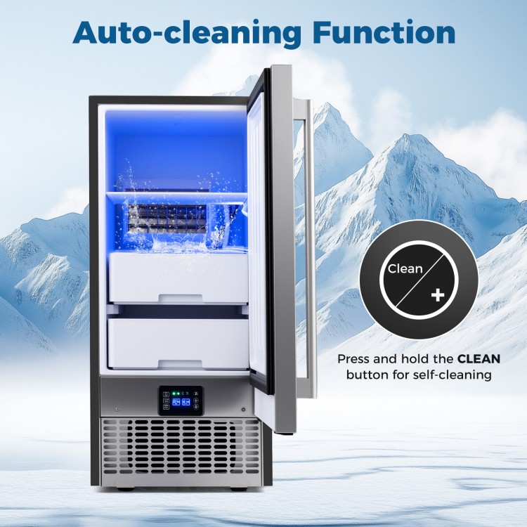 Commercial under counter ice maker with auto-cleaning function, dual bins, and adjustable ice thickness for easy use.