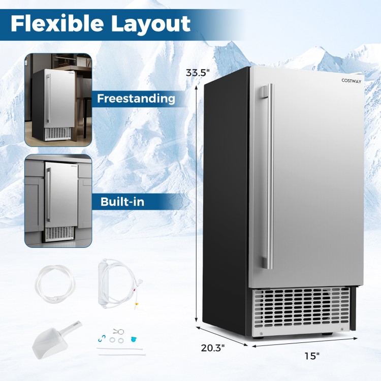 Commercial under counter ice maker with stainless steel finish, 90 lbs/day output, suitable for freestanding or.