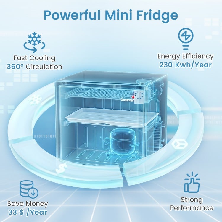 Compact mini fridge in black with 7-level thermostat, 39 dB quiet operation, and 360° cooling for efficient food.