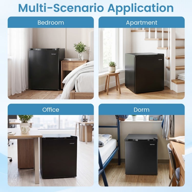 Compact mini fridge in black with adjustable thermostat, ideal for bedroom, office, or dorm use, featuring a dedicated.