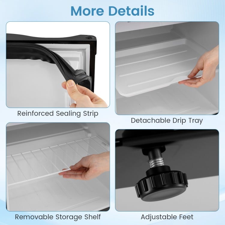 Reinforced sealing strip and detachable drip tray of the compact mini fridge with adjustable thermostat for easy.