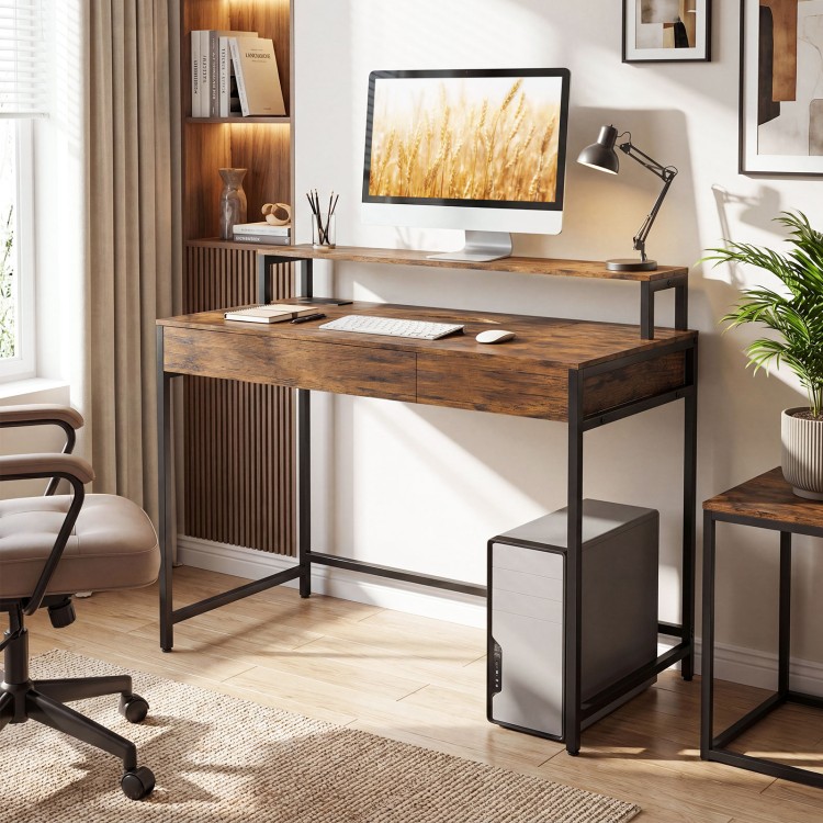 Compact office desk in rustic brown with removable monitor shelf and dual-use drawer, ideal for home or office use.