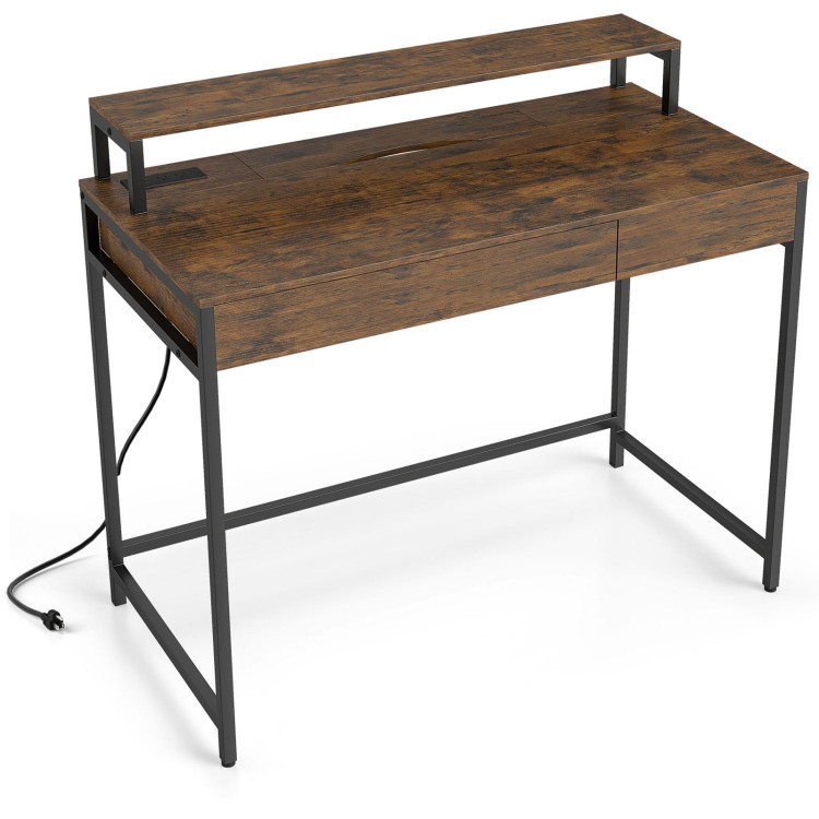Compact office desk in rustic brown showcasing an ergonomic removable monitor shelf and sturdy metal frame for.