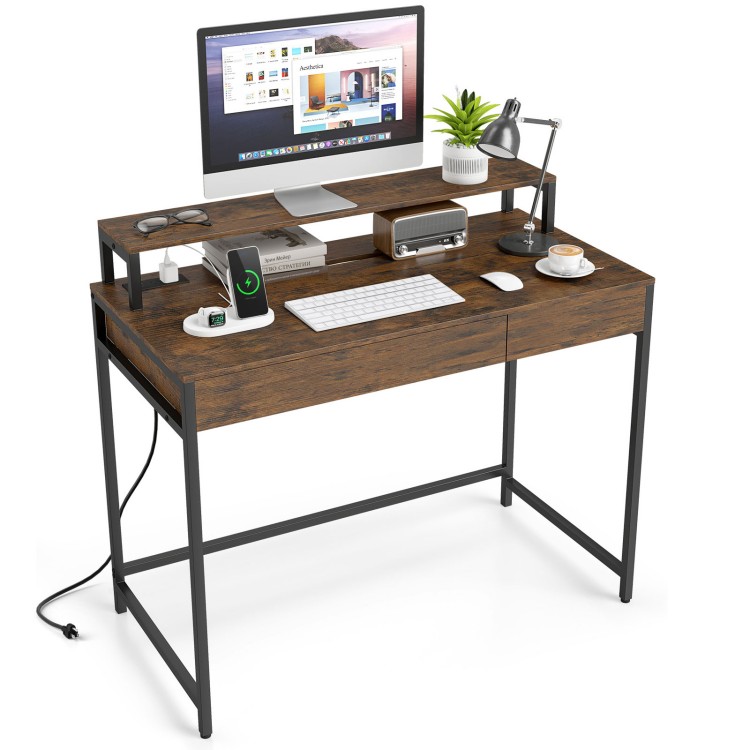 Compact office desk in rustic brown with removable monitor shelf and dual-use drawer for versatile workspace solutions.