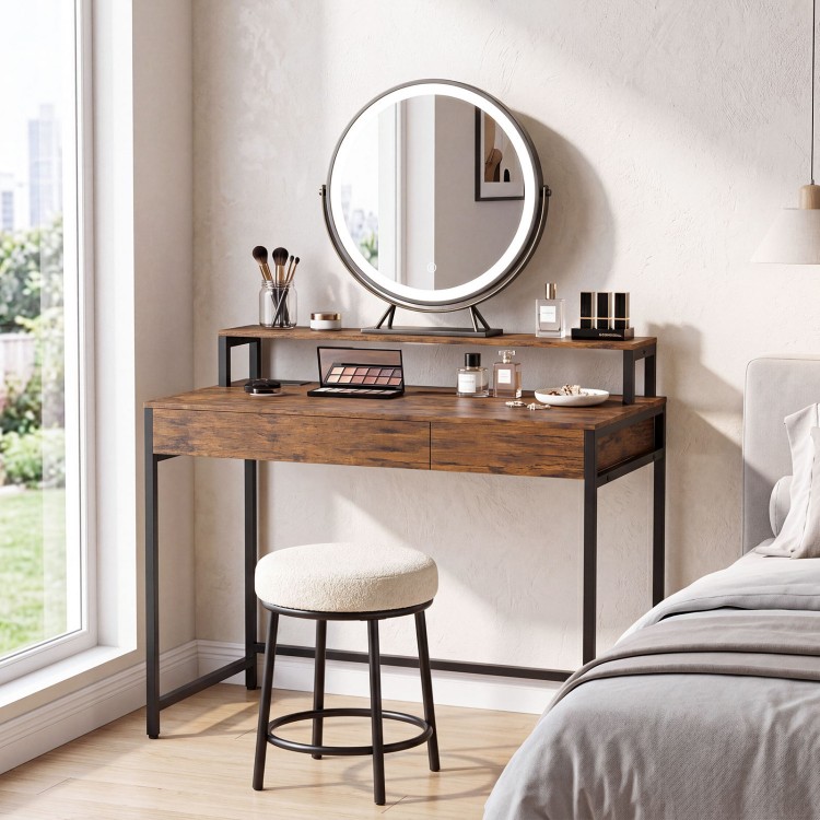 Compact office desk in rustic brown with removable monitor shelf and dual-function drawer, perfect for versatile use.
