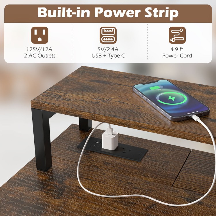 Compact office desk in rustic brown with built-in power strip, removable monitor shelf, and dual-use drawer for.