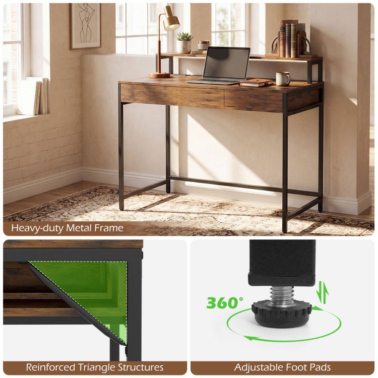 Compact office desk in rustic brown with removable monitor shelf and dual-use drawer, featuring a heavy-duty metal.