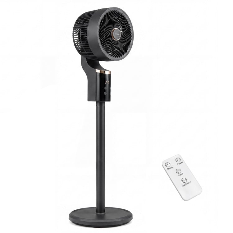 Compact oscillating standing fan in black with 70° oscillation and remote control for home office comfort.
