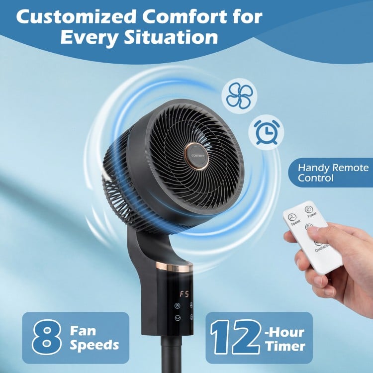Compact oscillating standing fan with remote control, 8 speeds, and 70° oscillation for customizable comfort at home.