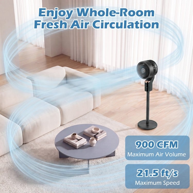 Compact oscillating standing fan in black with 70° oscillation and 90° tilt for home office air circulation.
