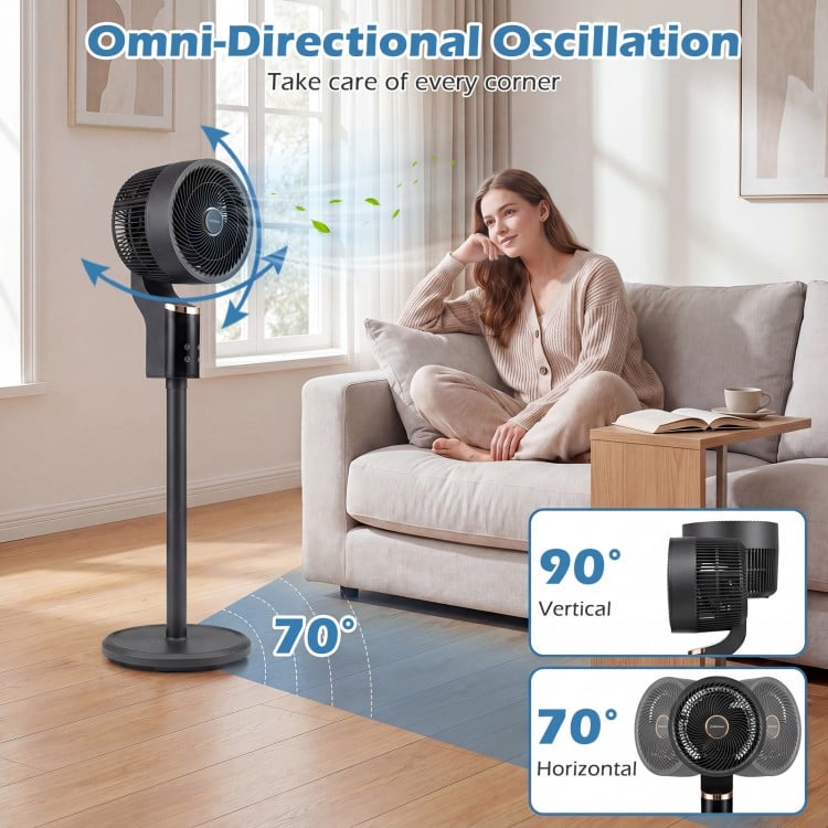 Compact oscillating standing fan in black with 70° oscillation and 90° tilt, ideal for home or office cooling.