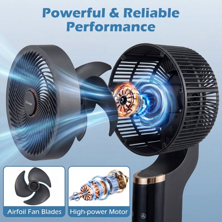Compact oscillating standing fan with airfoil fan blades, 70° oscillation, and 90° tilt for efficient cooling in home.