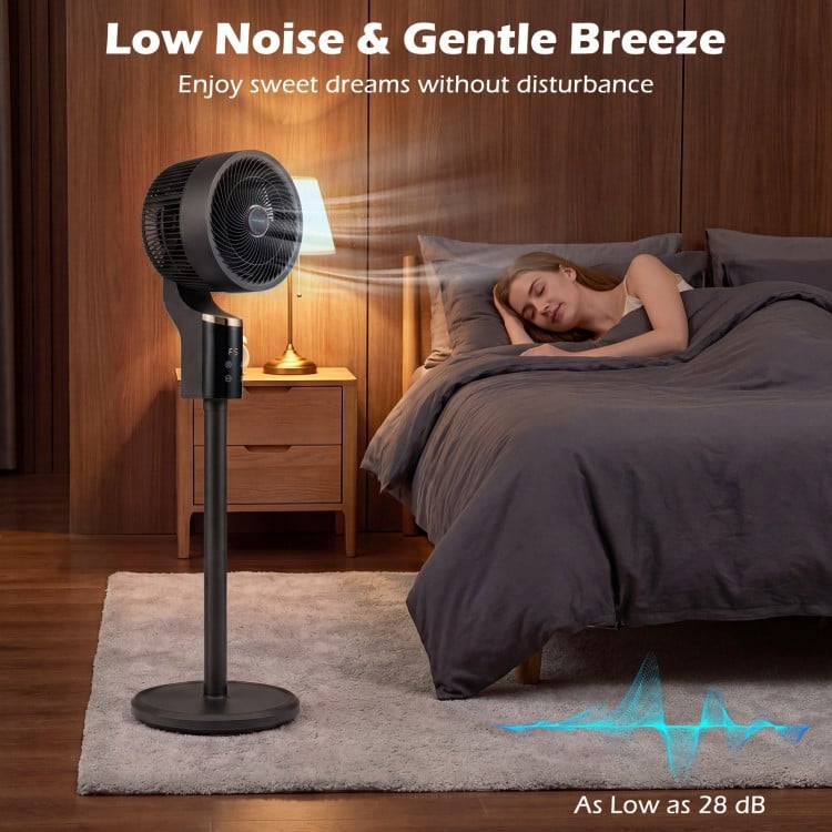 Compact oscillating standing fan in black with 70° oscillation and 90° tilt, ideal for home office cooling and comfort.