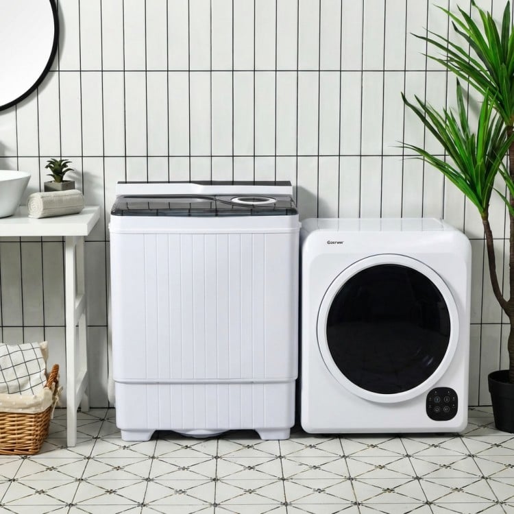 Compact washer and dryer laundry combo with dual tubs, stainless steel dryer, perfect for small spaces like apartments.