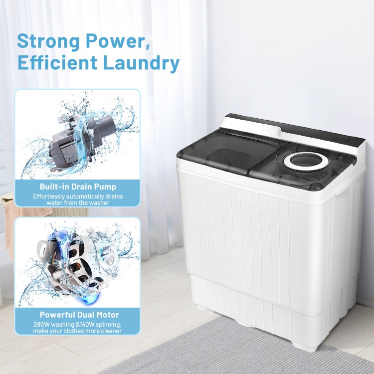 Compact washer and dryer combo with dual tubs, built-in drain pump, and stainless steel dryer for efficient laundry.