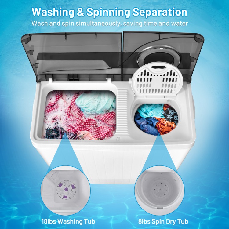 Compact washer and dryer combo with dual tubs for washing and spinning, ideal for small laundry spaces.