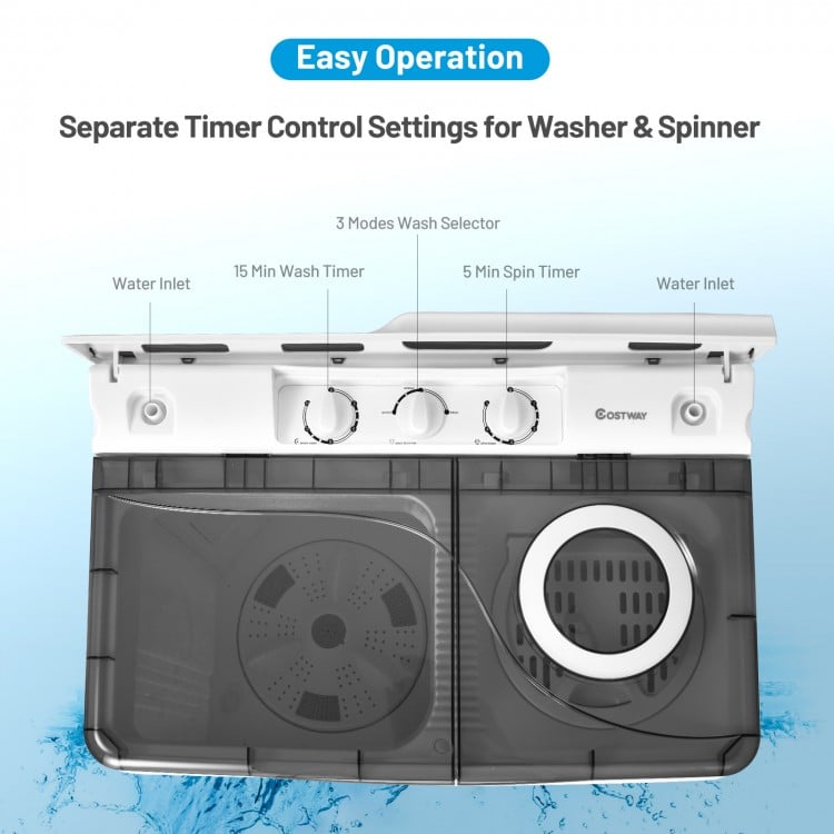 Compact washer and dryer combo with separate timer controls for washing and spinning, ideal for small laundry spaces.