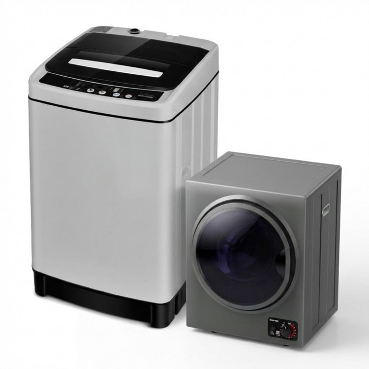 Compact washer and dryer combo featuring a 1.5 cu.ft capacity, stainless steel drum, ideal for small spaces.