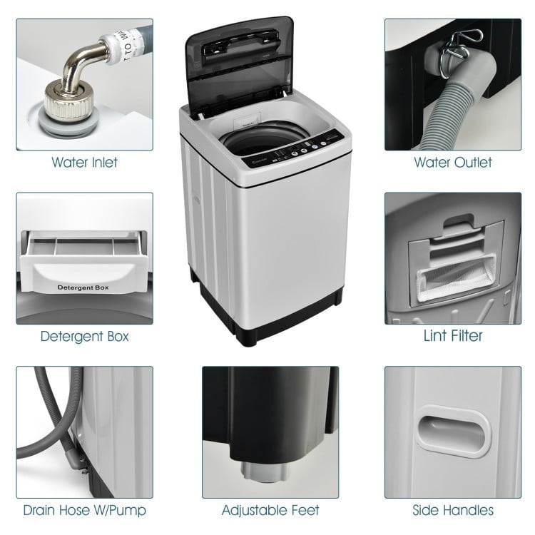 Compact washer and dryer combo with stainless steel drum, featuring detergent box and adjustable feet for space-saving.