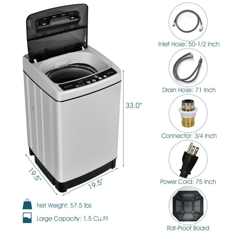 Compact washer and dryer combo with stainless steel drum, 1.5 cu.ft capacity, ideal for small spaces like apartments.