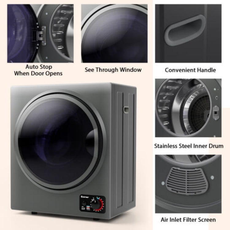 Compact washer and dryer combo with stainless steel drum, see-through window, and convenient handle for space-saving.