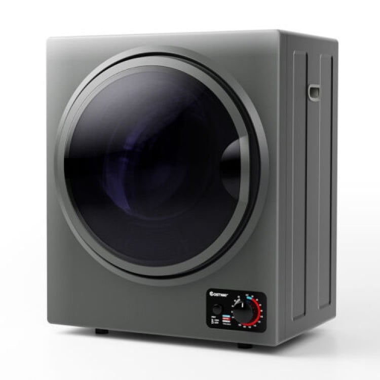 Compact washer and dryer combo in gray with stainless steel drum, designed for small spaces like apartments and dorms.