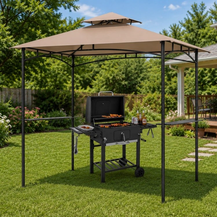 Complete BBQ station featuring an 8x5 FT waterproof grill gazebo, charcoal grill, and ample storage for outdoor cooking.