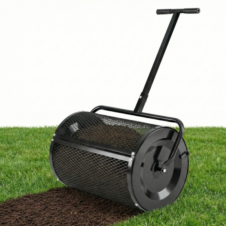 24-inch compost spreader with metal mesh basket, height-adjustable T-handle, ideal for garden and landscaping use.