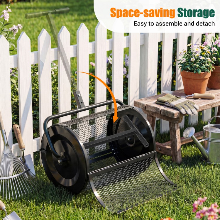 24-inch compost spreader with height-adjustable T-handle, featuring a metal mesh basket for efficient soil spreading.