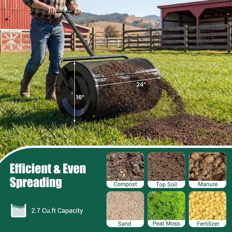24-inch compost spreader with adjustable T-handle, designed for efficient soil and fertilizer spreading in gardens.
