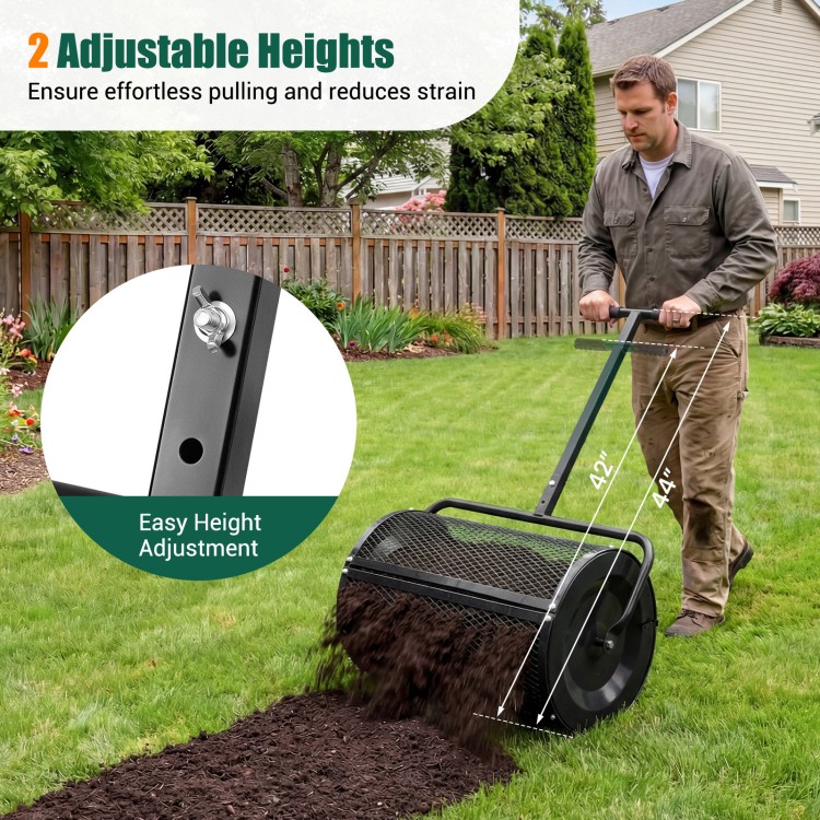 Compost spreader with adjustable T-handle, metal mesh basket, and ergonomic design for easy soil spreading in gardens.
