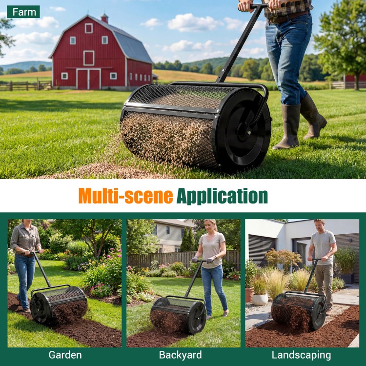 Compost spreader with adjustable T-handle, metal mesh basket for even spreading in garden, backyard, or landscaping.